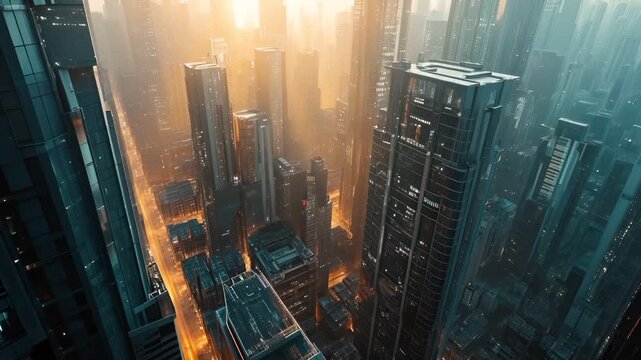 Digital art scifi wallpaper background. A highresolution digital artwork of a futuristic cityscape. The city is depicted with towering skyscrapers, some of which have illuminated windows.