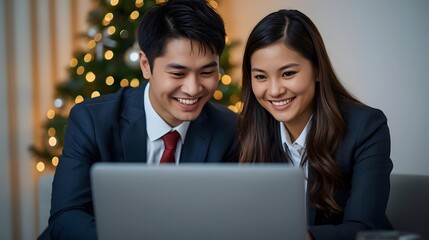 Two smiling colleagues, a man and a woman, work together on a laptop near a festive holiday tree.