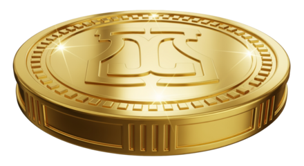 Golden coin with a unique symbol, isolated on transparent background
