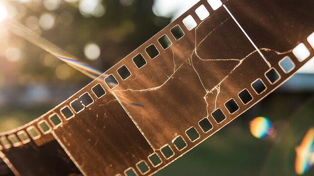 A fragile, cracked strip of vintage camera film is backlit by warm, golden sunlight, evoking a sense of lost memories and nostalgia
