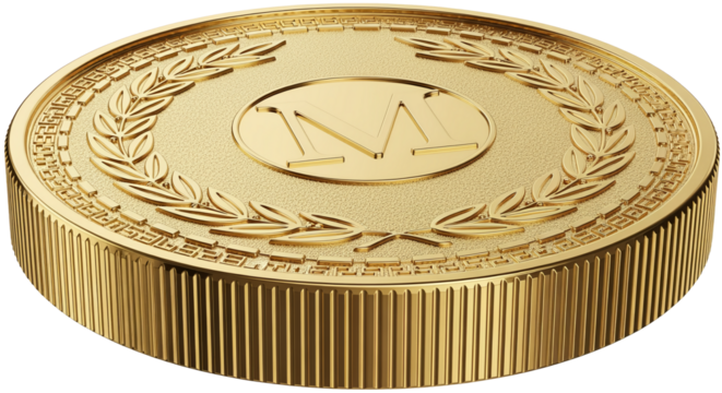 Shiny gold coin with intricate design and laurel wreath, isolated on transparent background