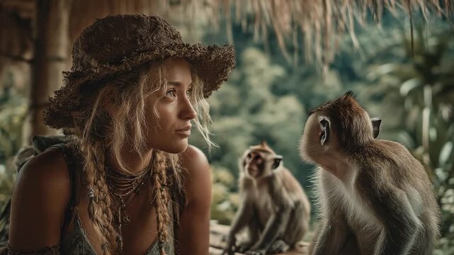 Woman interacting with monkeys in lush jungle setting