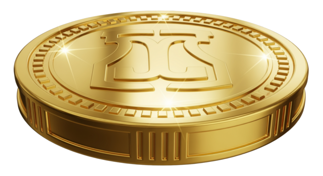 Golden coin with a unique symbol, isolated on transparent background