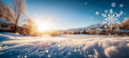 Beautiful winter landscape with snow and sunlight at sunrise