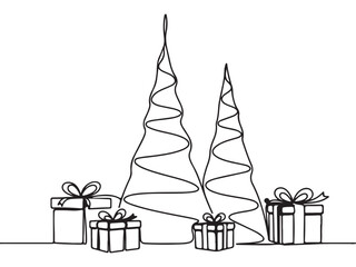 Continuous Line Drawing of Christmas Trees and Gift Boxes Holiday Design