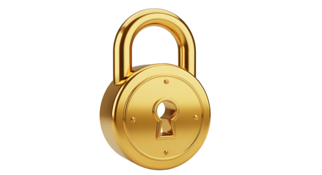 Golden padlock security and protection symbol isolated on transparent background
