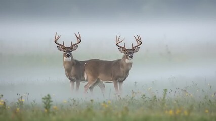 Two deer standing in misty meadow at dawn
