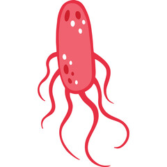 Cartoon illustration of a single red bacterium with multiple flowing tentacles against a clean white background with a transparent background effect