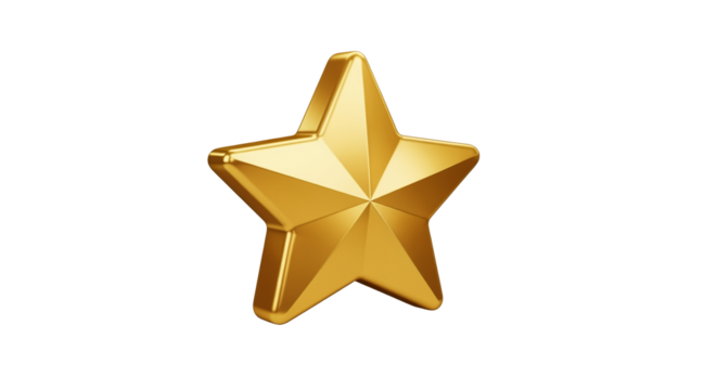 Shiny golden star shape standing upright isolated on transparent background