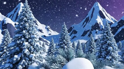 Pixelated Winter Wonderland Snowy Mountain Landscape With Pine Trees And Falling Snow At Dusk - Powered by Adobe