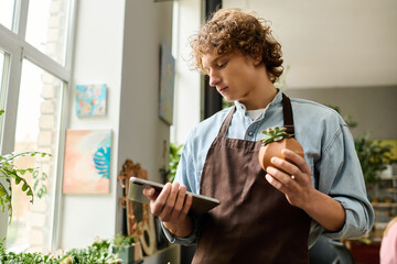 Young creative man tending to plants while checking his tablet in a sunny cafe setting