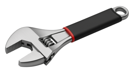 Adjustable wrench with black handle and red accent isolated on transparent background