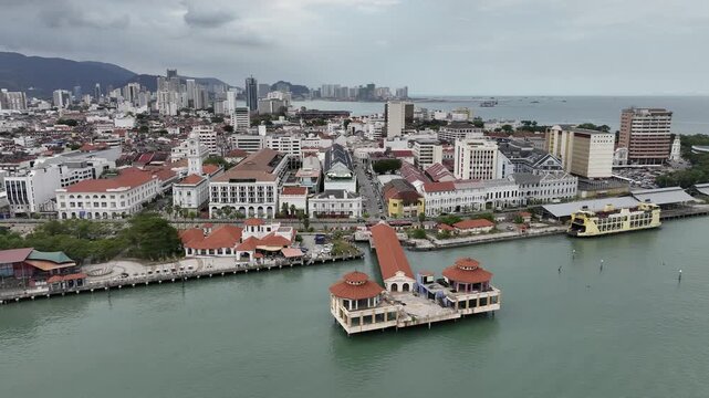 day time penang island george town central bay pier traffic aerial panorama 4k malaysia