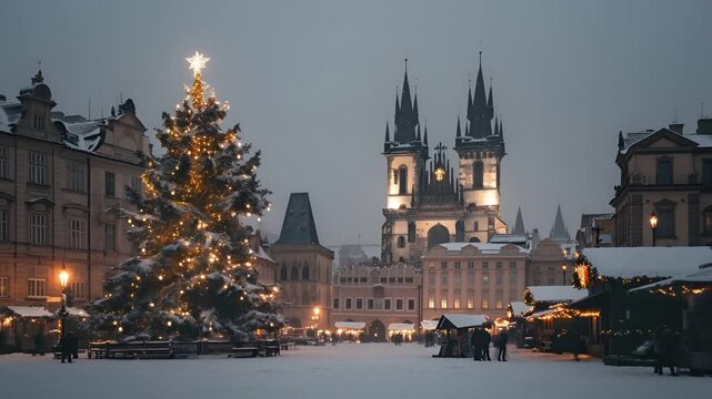 Prague, Czech Republic, Europe. A nighttime cityscape with a large Christmas tree in the foreground. The tree is adorned with lights and a star on top, and it is surrounded by snowcovered buildings.