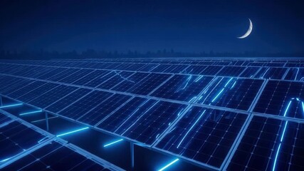 Futuristic solar panel farm at night with crescent moon and city skyline in the background - Powered by Adobe
