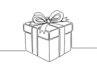 Continuous Line Art Gift Box with Ribbon Bow on White Background