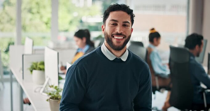 Happy businessman, face or project manager with tablet for company management in office. Portrait, man or coordinator with smile, team or technology for performance review or development in workplace