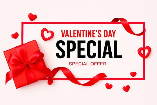 Valentine s day special offer with red gift box ribbons and hearts on a light background - Powered by Adobe