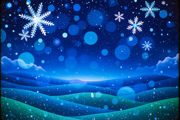 Magical winter night landscape with falling snowflakes and bokeh lights