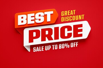Bold red and white sale banners advertising best price and great discount up to 80 percent off