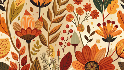 Autumn Floral Doodle Seamless Pattern – Hand-Drawn Botanical Fall Color Vector Design