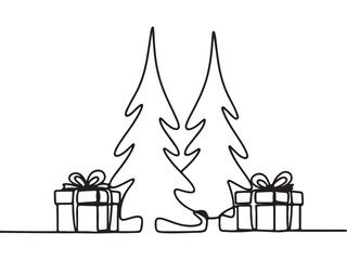 Minimalist Single Line Drawing of Christmas Trees and Gift Boxes