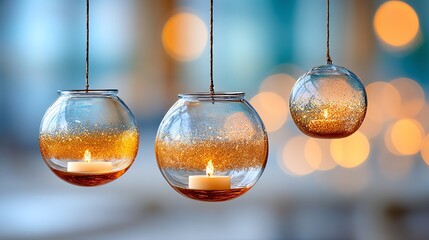Hanging glass baubles with subtle reflections and glitter dust, warm candlelight bokeh in the background, minimal modern composition, upscale celebration aesthetic, soft vignette