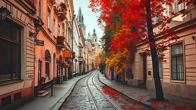 Prague, Czech Republic, Europe. A vivid autumnal street scene in a European city, captured with a shallow depth of field to emphasize the foreground.