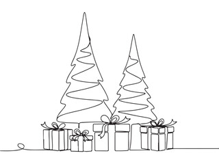 Continuous Line Art Christmas Trees with Holiday Gift Boxes