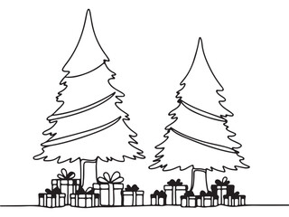 Minimalist Black Line Art Christmas Trees with Gifts on White Background