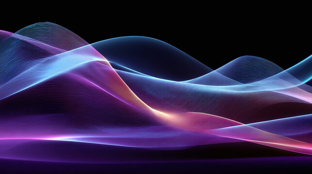 Abstract and colorful wave patterns in shades of purple and blue on a dark background, representing sound waves or data streams