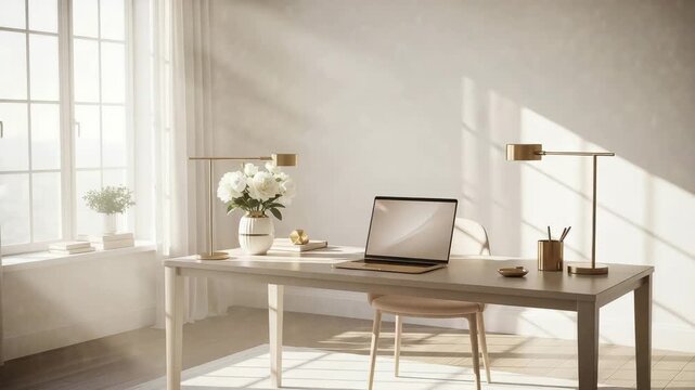 Bright and airy home office setup with laptop, flowers, and modern desk lamp on a wooden desk