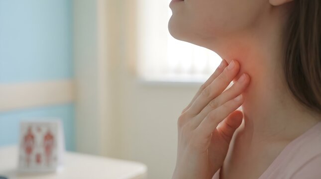 Woman with a sore throat touching her inflamed neck in pain.