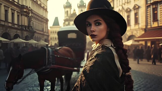 Prague, Czech Republic, Europe. A vivid portrayal of a woman in a Victorian era setting, with a backdrop of a bustling city street. The woman is adorned in a black hat, a white blouse.