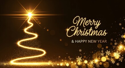 Golden sparkling christmas tree with merry christmas happy new year text, on a dark festive background featuring glowing bokeh and snowflakes