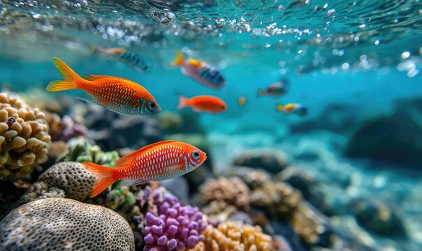 an underwater view of the coral reef, showcasing vibrant fish and marine life in their natural habitat
