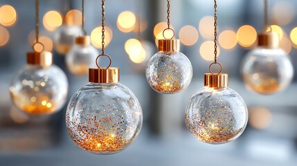 Hanging glass baubles with subtle reflections and glitter dust, warm candlelight bokeh in the background, minimal modern composition, upscale celebration aesthetic, soft vignette