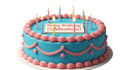 Blue birthday cake with pink frosting and lit candles, isolated on white isolated on transparent background