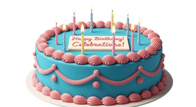 Blue birthday cake with pink frosting and lit candles, isolated on white isolated on transparent background - Powered by Adobe