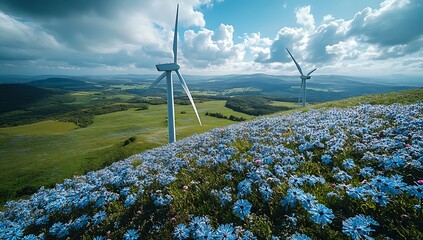 Wind Turbines in a Field of Blue Flowers on a Green Hillside energy renewable