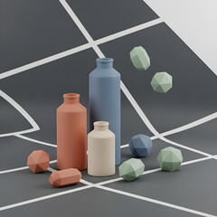 Minimalist arrangement of geometric objects and ceramic bottles on a graphic lined background