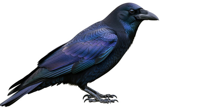 Black crow with iridescent feathers, isolated on transparent background