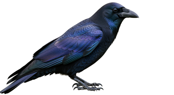 Black crow with iridescent feathers, isolated on transparent background