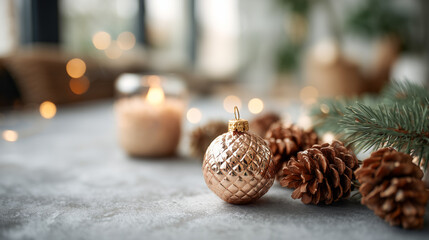A gold ornament sits on a table next to a candle and pine cones