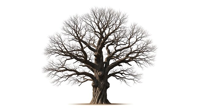 Isolated majestic oak tree with bare branches showcasing winter silhouette on a white background emphasizing natures raw beauty