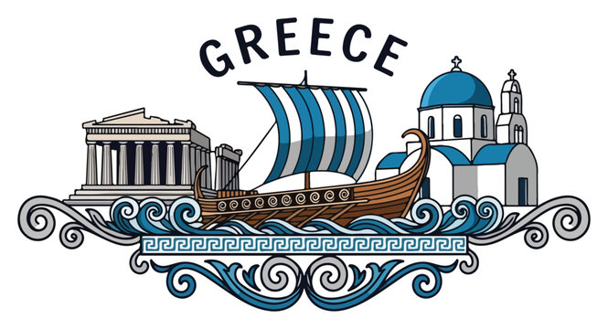 Greece travel vector illustration with ancient Parthenon temple a Greek ship and Santorini church landmarks