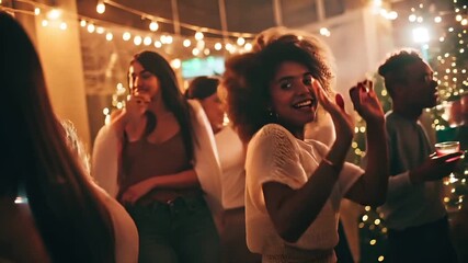 A candid shot of a group of women at a festive gathering, possibly a party or celebration. The scene is illuminated by warm, golden lights, creating a cozy atmosphere.