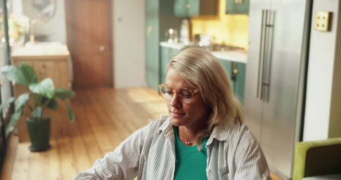 Woman, stretching and relax with break in home for remote work, journalism or online article. Female person, journalist and rest with balance or completion for flexibility, done or finished in house