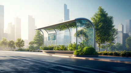 Eco-friendly bus stop shelter in a futuristic high-tech cityscape. Vegetation and sustainable materials for innovative use of public transport.