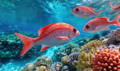 Naklejka premium a school of red fish swim over a coral reef in the sea
